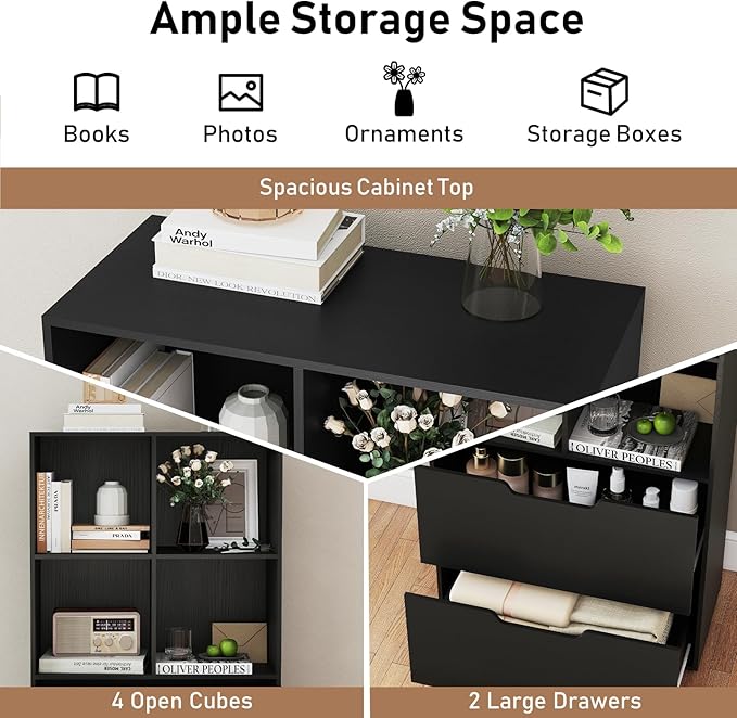 Giantex Bookcase with 2 Drawers, 51” Tall Floor Bookshelf w/4 Cubes, Anti-tip Kits, Freestanding Display Rack, Cubby Storage Organizer for Study, Living Room, Home Office, Black