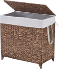 Laundry Hamper with Lid and Removable Liner Bag, Handwoven Natural Hyacinth Clothes Hamper with Heightened Feet, Wicker Laundry Basket for Clothes and Towels，Large, 2-sections