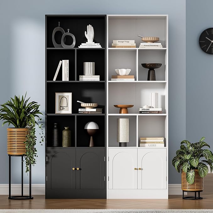 71" Tall Bookshelf with 6 Cubes and 2 Doors, 4-Tier Bookshelf, Open Shelf Bookcase with Cabinet, Modern Cube Storage Organizer for Living Room, and Office, Black