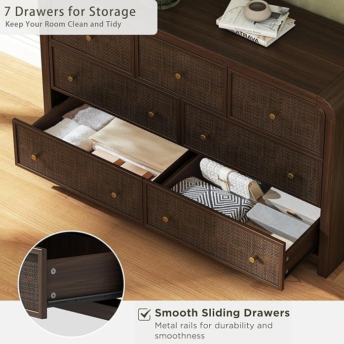 Oak&Sparrow 7 Drawer Dresser for Bedroom, 49'' Rattan Dresser with Ample Storage, Boho Chest of Drawers, Thickened Curved Profile Design, Dark Walnut Dressers for Bedroom, Living Room