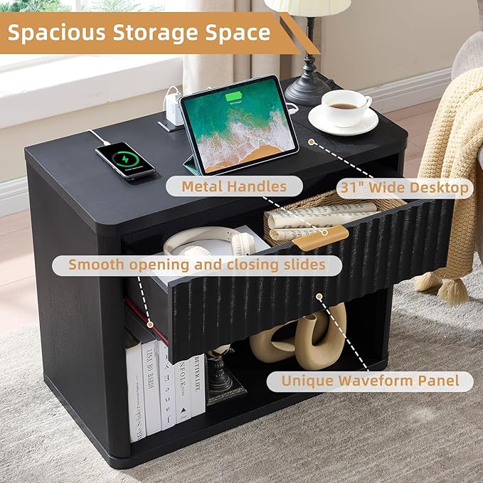 LEYAOYAO 31" Wide Fluted Nightstand with Charging Station, Oversized Extra Large 1 Drawer Night Stand with Golden Handle, Black Wood Bedside Table Tall End Tables,for Bedroom, Living Room, Hallway