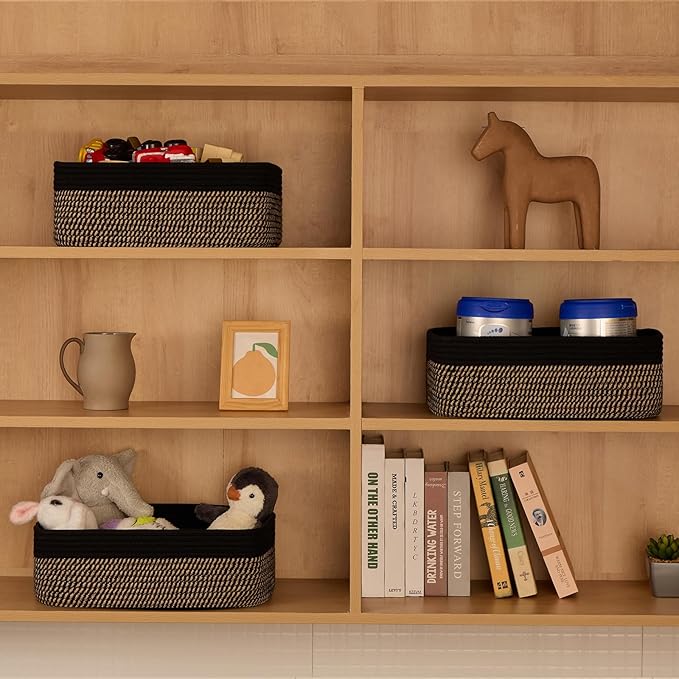 Large Shallow Organizing Baskets 15x11x5.1 Inches - Rope Woven Storage Bins for Bathroom, Shelves, Cube Closet, Black Woven Brown 4 Packs