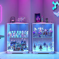 Corner Display Cabinet Set of 2 with Glass Doors, Small Display Case with 3-Color LED Lights and Charging Station, 2-Tier Curio Cabinet with Storage and Shelf, White