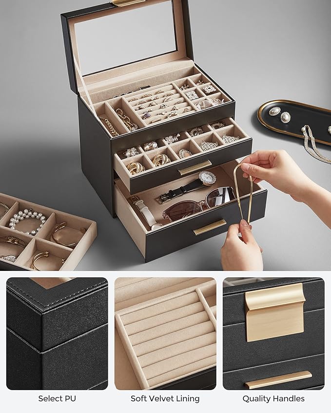 SONGMICS Jewelry Box Organizer with Glass Lid, 4-Layer Jewelry Storage, with 3 Drawers, Modern Style, Christmas Gift, 6 x 9.9 x 8.5 Inches, Graphite Black and Gold Color UJBC161B02