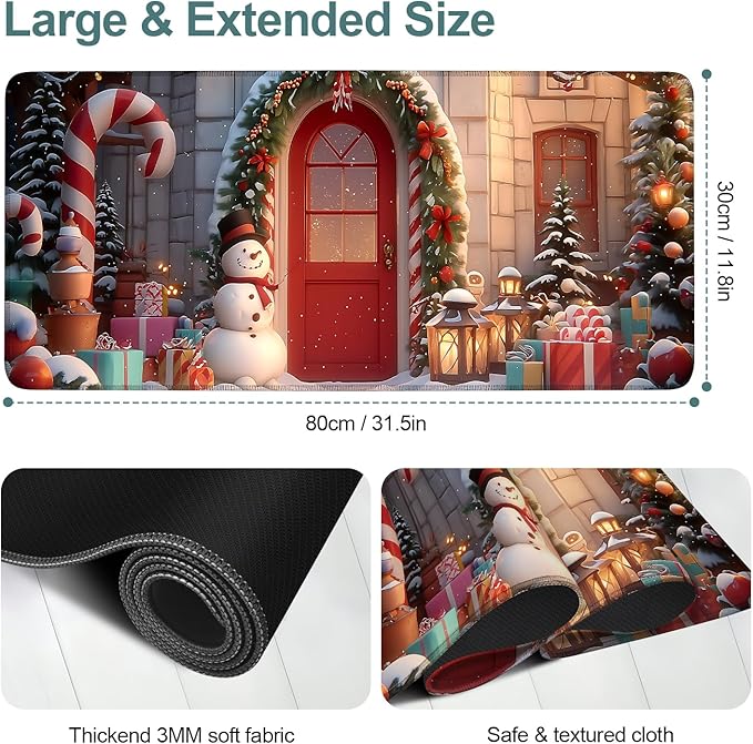 Christmas Scene Gaming Mouse Pad 31.5"x11.8"Desk Mat Anti-Slip Rubber Base & Durable Stitched Edges for Gamers Smooth Mouse Writing Surface for Desk Office/Home