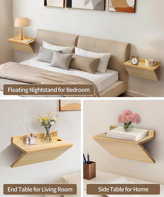 Floating Nightstand, Rustic Wooden Floating Bedside Table Z-Shape Wall Mounted Nightstand Small Hanging Night Stands for Bedroom (2, Natural Wood)