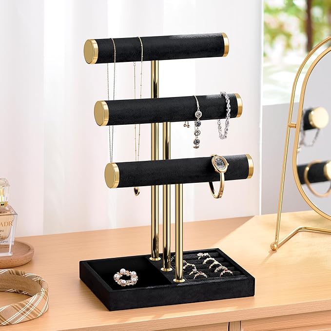 Bracelet Holder Jewelry Organizer Display - 3 Tier T Bar Velvet Stand, Black Jewelry Storage for Bracelet, Necklaces, Earrings, Watches