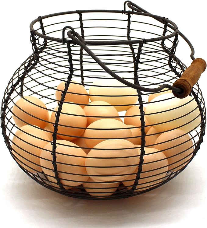 CVHOMEDECO. Antique Wire Egg Basket with Wood Handle Primitives Vintage Gathering Basket. Rusty