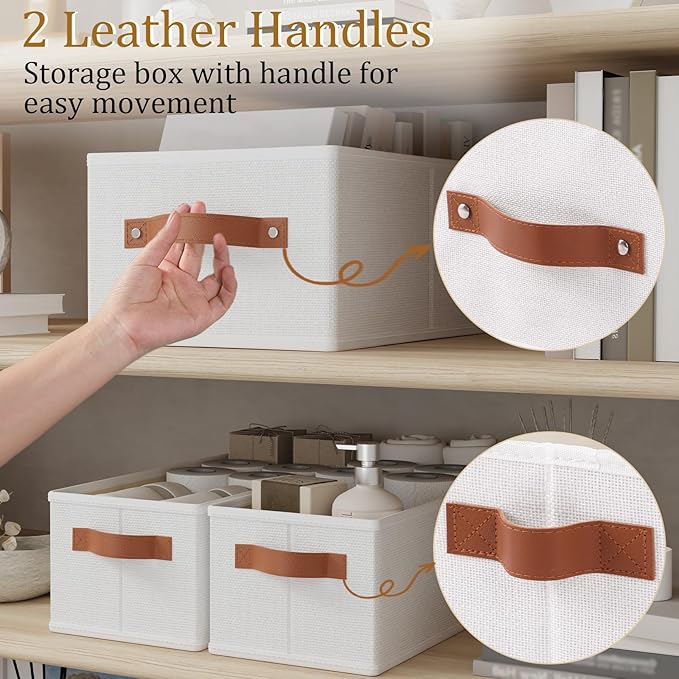 OUTBROS Wardrobe Storage Boxes, Fabric Foldable Bins, Cube Baskets With Handles, Collapsible Organiser For Bedrooms, Living Rooms, Shelves, White, 15 x 6.1 x 5.1 inch, 3-Pack