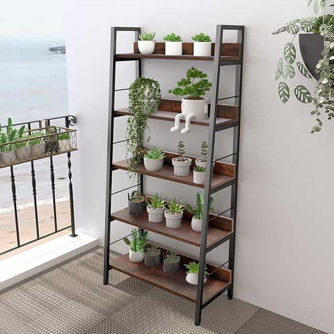 Himimi Bookshelf, Industrial Wood Bookshelves and Bookcases, Ladder Shelf 5 Tier with Metal Frame for Living Room, Bedroom, Kitchen, Home Office, Rustics Brown