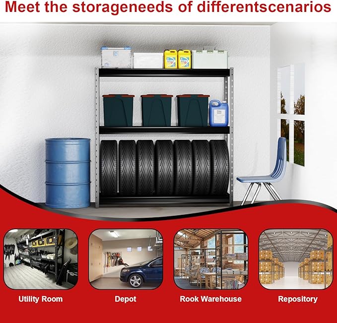 The Atlas 72" H Metal Garage Shelving Unit, 3-Tier Heavy Duty Storage Shelves, 7500 LBS Load Capacity, Industrial Steel Shelf Rack for Shop Warehouse Basement, 77”W x 24”D x 72”H