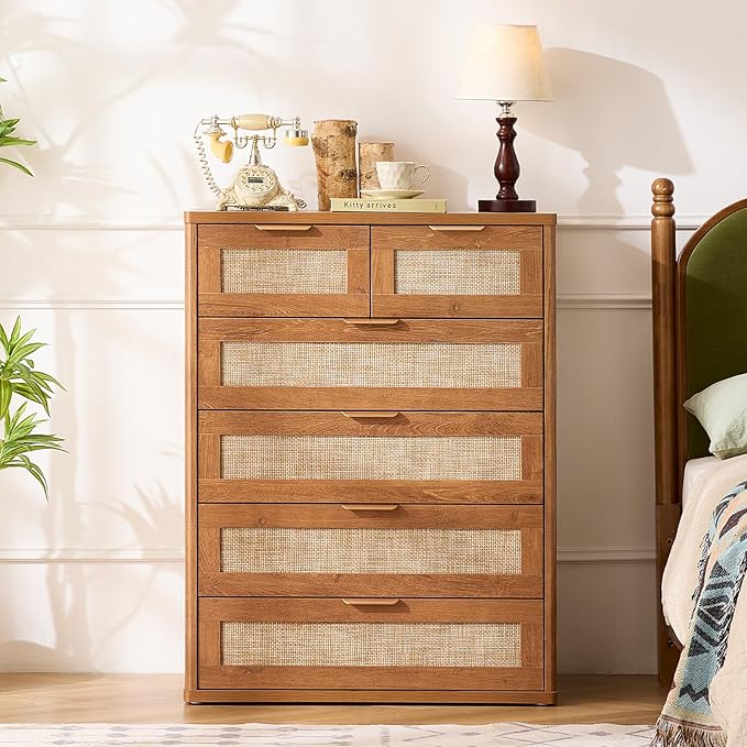 LEYAOYAO Rattan Dresser for Bedroom, 41" Tall Chest of Drawers, Modern 6 Drawers Boho Dressers with Storage, Vintage Brown Dresser Wooden Closet Organizer for Living Room, Hallway