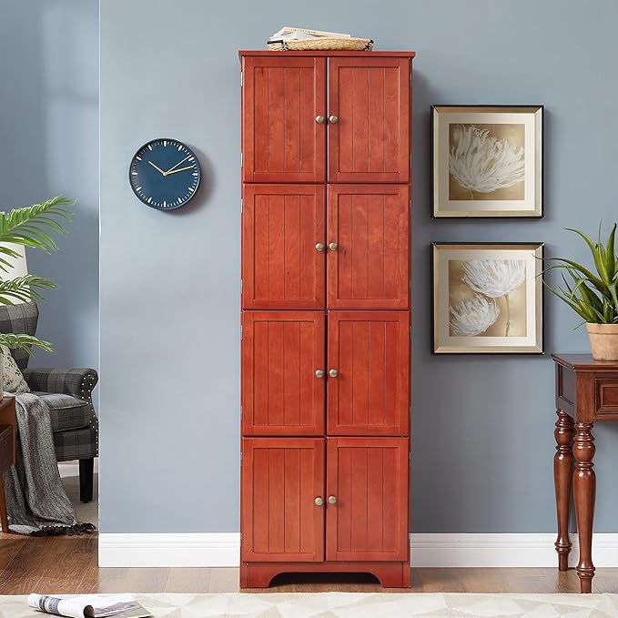 72" Tall Farmhouse Storage Cabinet, 4 Tier Kitchen Pantry Cabinet with 4 Shelves & 8 Doors, Freestanding Floor Storage Cabinet Wooden Organizer Bookcase for Living Room, Kitchen (Cherry)