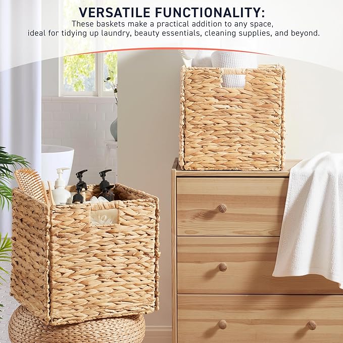 Ornavo Home 13 x 13 Inch Water Hyacinth Baskets Set of 4 – Handwoven Collapsible Wicker Storage Cube Bins with Handles for Bathroom, Bedroom, Laundry and Pantry - Natural