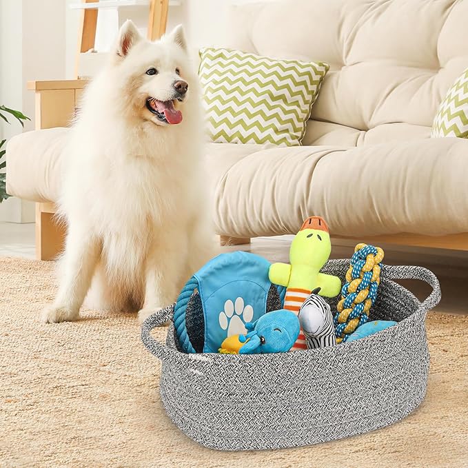 Small Woven Cotton Rope Basket Cute Baby Gift Baskets Empty Decorative Storage for Organizing Shelves Closet Baby Nursery Basket Bin Toy Storage Tote Organizer 13.7"x10.2"x5" Grey easter