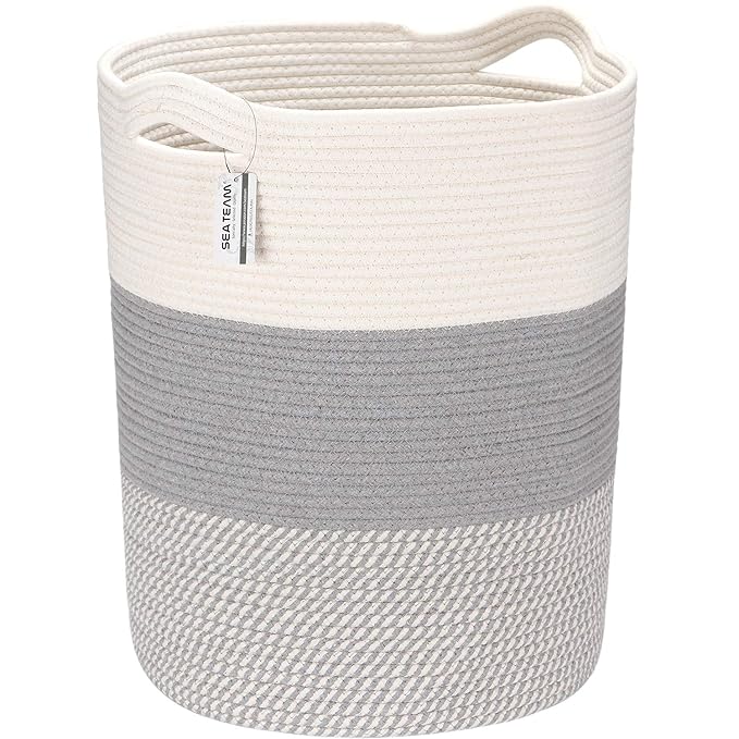 Sea Team Large Size Cotton Rope Woven Storage Basket with Handles, Laundry Hamper, Fabric Bucket, Drum, Clothes Toys Organizer for Kid's Room, 20 x 14 inches, Round Open Design, White & Mottled Grey