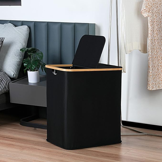 efluky Laundry Hamper with Lid, Double Laundry Hamper with 2 Removable Bags, 2 Section Laundry Basket with Bamboo Handles for Bathroom, Bedroom & Laundry Room, 140L (36.9 Gallon) Black