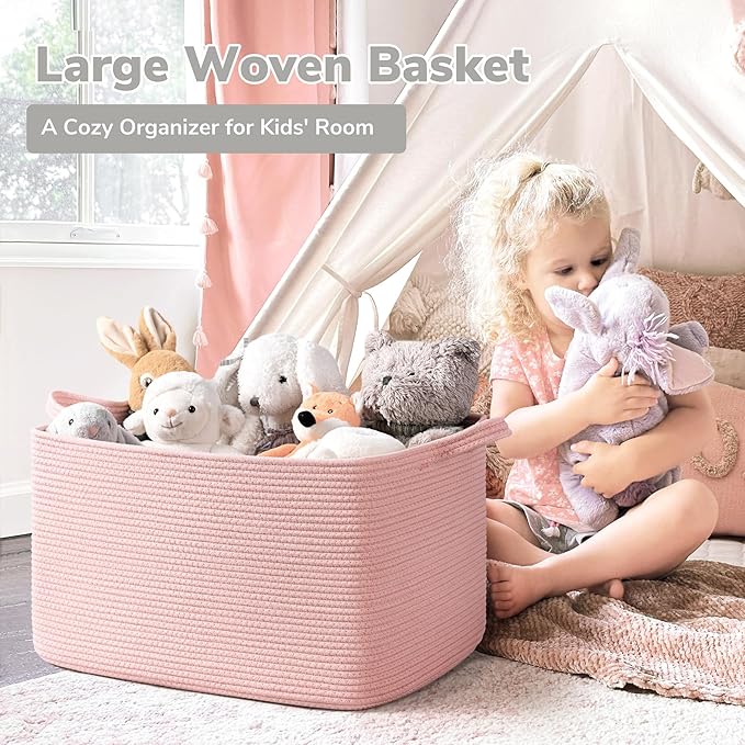 Goodpick Large Blanket Basket, Woven Baskets for Storage, Large Baskets for Organizing, Rectangle Toy Basket for Nursery, Bedroom, 21.6" x 14.9" x 11.8", Pink