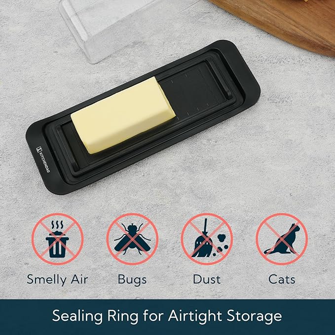 KITCHENDAO Airtight Butter Dish with Lid for Countertop and Refrigerator Door Shelf, Butter Keeper, Plastic Butter Holder Tray Container for West/East Coast Butter, Black