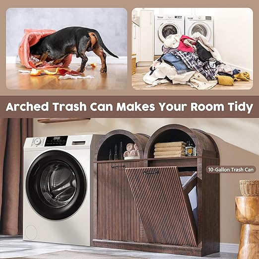 Arched Tilt-Out Trash Can Cabinet, Fluted 10 Gallon Trash Can Cabinet Set of 2, Modern Laundry Hamper, Hidden Garbage with Storage Basket for Kitchen, Living Room, Brown