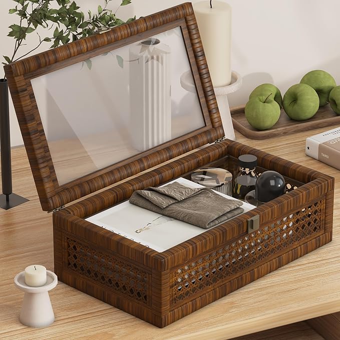 Rattan Decorative Box,Boho Display Boxes with Lids,Set of 2 Rectangular Wicker Storage Decoration,Natural Woven Cane Bins for Home Decor for Rustic Farmhouse(Brown)