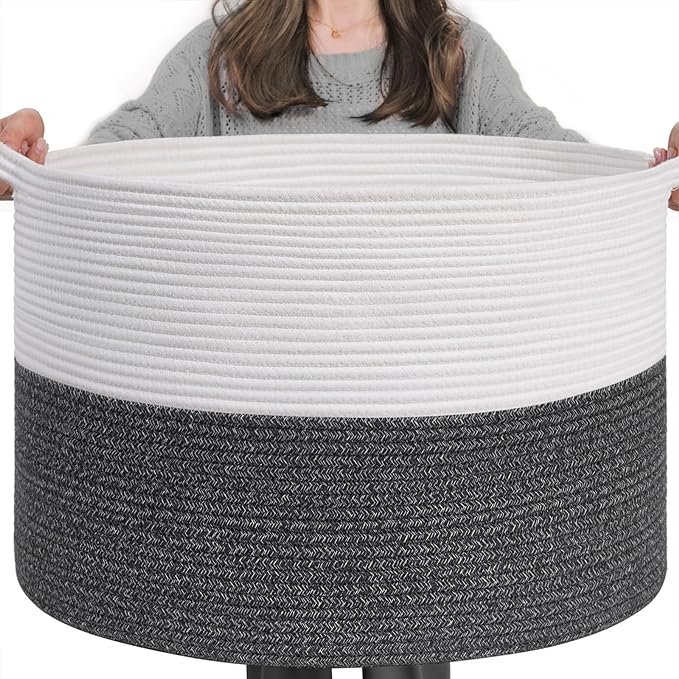 INDRESSME XXXLarge Cotton Rope Basket 21.7" x 21.7" x 13.8" Woven Baby Laundry Baskets Blanket Basket Toy Baskets with Handle Storage Comforter Cushions Gray Laundry Hamper