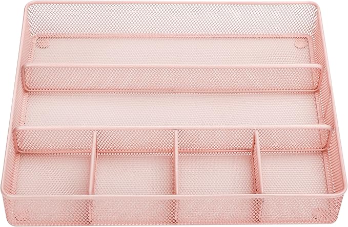 Annova Desk Top Organizer Tray for Office Organization - Metal Mesh - Storage Tray with Dividers for Pens, Desktop Accessories, Bathroom, Kitchen, Makeup and Office Supplies (Large, Light Pink)