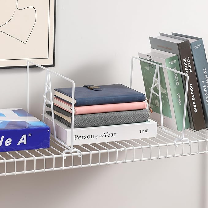 Wire Shelf Dividers - White Closet Organization & Storage Organizer - No Tool Shelf Divider for Wire Shelves - Metal Shelf Accessories – for 12“ Deep Wire Shelves – Tall 7” Height – 4 Pack