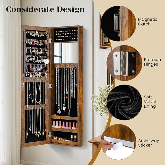 Giantex Wall Mounted Jewelry Cabinet with Full Length Mirror, Over The Door Jewelry Armoire Organizer with Large Storage, Makeup Mirror & Velvet Lining (Rustic Brown)