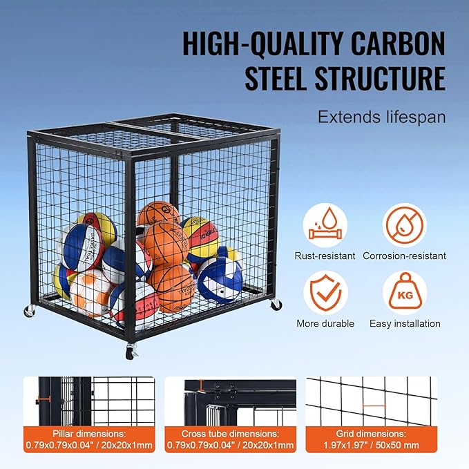 VEVOR Rolling Sports Ball Storage Cart, Lockable Basketball Cage with Double Lids, Sport Equipment Holder Organizer for Indoor Outdoor, Steel Storage Rack for Garages, Playgroup, Gym and Schools
