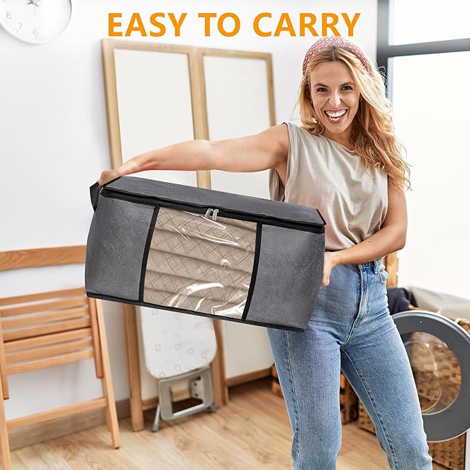 2 Pack Clothes Organizer Storage Bags with Zipper, 45L Foldable Blanket Storage Box with Clear Window Sturdy Handles for Closet, Dorm, Pillows, Bedding, Sweater, Clothing, Gray
