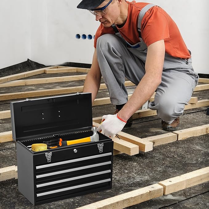 Metal Tool Box with 4 Drawers Portable Steel Tool Chest with Metal Cylinder Lock and Latch Closure, Liner, Powder Coating, Suitable for Garage, Warehouse and Outdoor Repair Job-Black