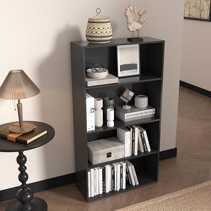 4 Tier Book Shelf, 4 Cube Storage Organizer,4 Tier Low Bookcase Storage Display Organizer, 44 Inch Versatile Cubes Shelf and Cubby Unit for Any Space (Black, 4 Cube-W(23.6inch)