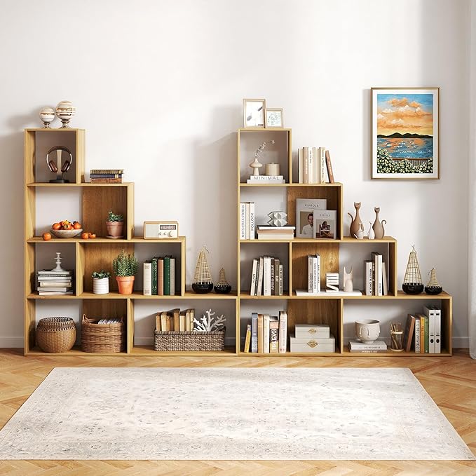 Tangkula 4-Tier Stepped Bookshelf, Freestanding 6 Cubes Ladder Bookcase with Anti-Tipping Kits, 64" Tall Modern Wooden Storage Display Rack for Home Office Living Room Study (2, Natural)