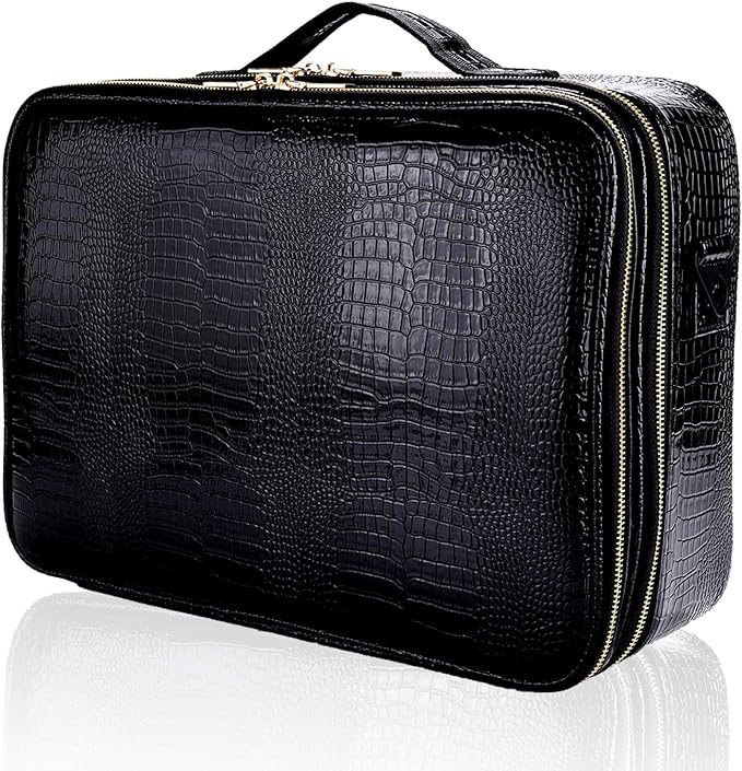 JOURMON Travel Makeup Train Case,Large Capacity Cosmetic Bags for Women,Portable Makeup Bag Organizer with Adjustable Dividers & Shoulder Strap (Crocodile Pattern Black, L)
