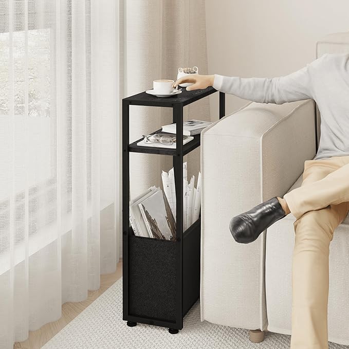Narrow Side Table, Slim Side Table with Magazine Rack, Bathroom Table for Small Spaces, Narrow Bedside Table for Living Room, Bedroom