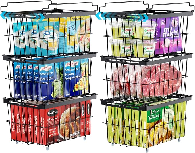 iSPECLE Freezer Organizer Bins - Fit 5 to 9 Cu.Ft, 6 Pack Adjustable & Extra Large Chest Freezer Organizer Bins for Deep Freezer, Easy Organize Basket Store More, Stackable No Wasted Space, Black