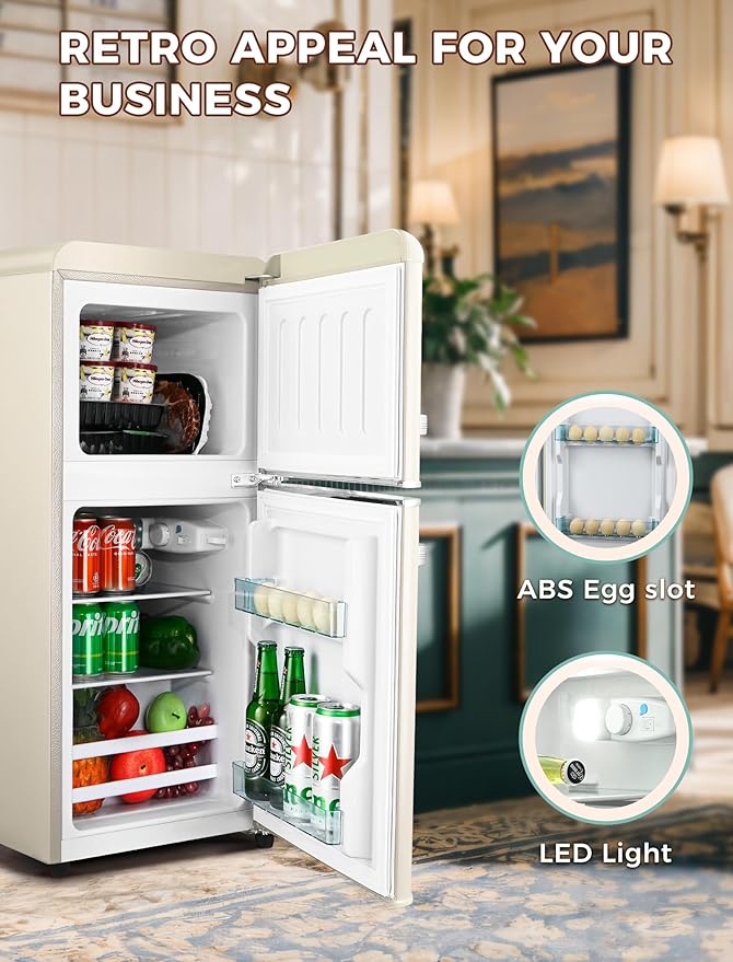 Fridge with Freezer, 3.2 Cu.Ft Retro Double Door Refrigerator with 7 Level Thermostat, Adjustable Removable Glass Shelves for Bedroom Office Apartment Dorm Bar, White