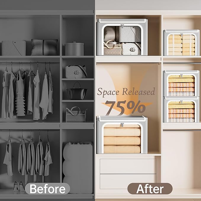 Yecaye Clothes Storage Bins with Metal Frame, 40L Foldable Clothing Storage Bins with Lid, Stackable Zippered Clothes Storage Bags, Oxford Fabric Organizer Box With Clear Window＆ PU Leather Handles