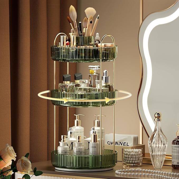 YCIA&DONE Rotating Makeup Organizer for Vanity, Large Capacity Make Up Storage Skin Care Shelf Perfume Holders Cosmetic Dresser Organizer Countertop Spinning 360 (Vintage Green, 3Tiers)