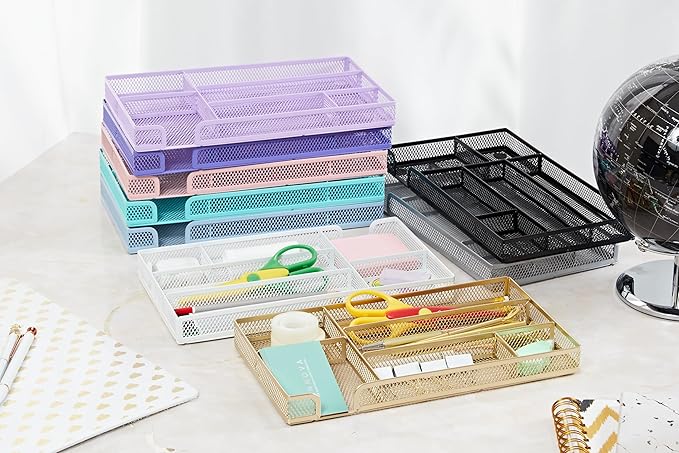 Annova Desk Drawer Organizer Tray for Office Organization - Metal Mesh - Storage Tray with Dividers for Pens, Desktop Accessories, Bathroom, Kitchen, Makeup and Office Supplies (Small, Turquoise)