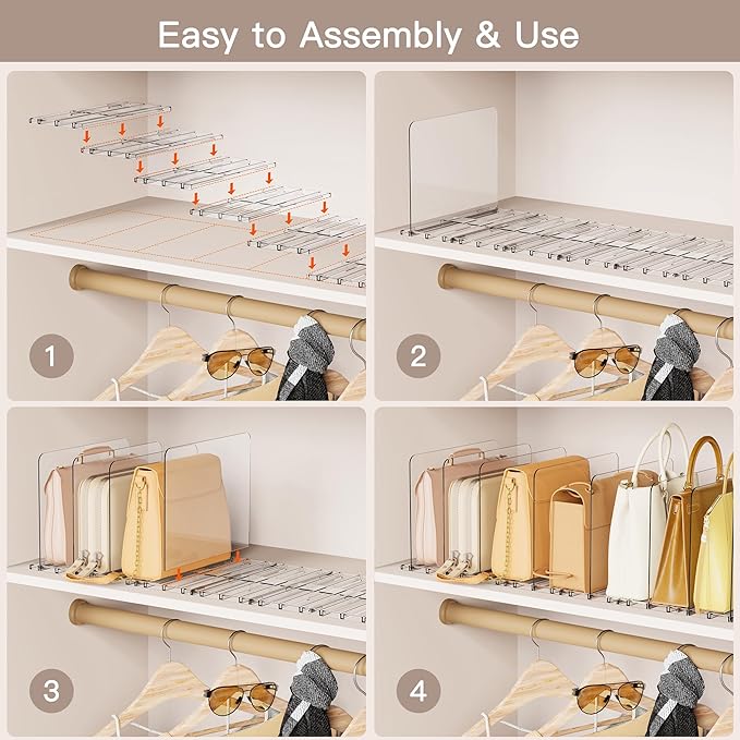 Criusia Adjustable Closet Purse Organizer Rack – 28.8" Extra-Long Shelf Divider with 12 Base Panels & 16 Dividers – Non-Slip Handbag Holder for Bags, Clothes, Kitchen, Office