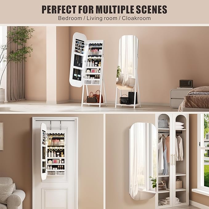 6 LED Mirror Jewelry Cabinet - Wall/Door Mounted Jewelry Armoire with Large Capacity - Lockable Tall Hanging Organizer - Cosmetic Storage & Gift Idea - White