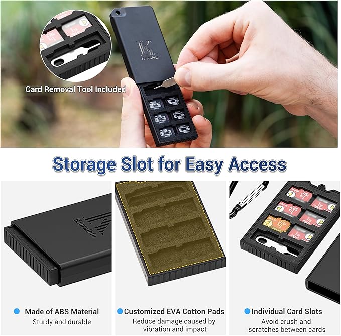 Pop-up Small TF Memory Card Case Holder for 8 TF MSD Cards with Carabiner, Portable Anti-Shock Splash-Proof MicroSD Card Case Storage Protector Organizer Keeper Container, Card Remove Tool Included