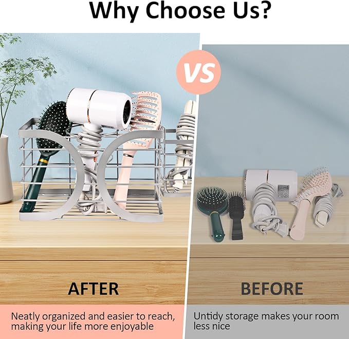 Elegant Light Gray Wall Mounted Hair Dryer Holder - Stylish Bathroom Organiser for Hair Dryer & Straightener, Hair Brush & Accessories