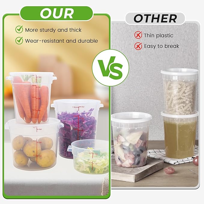 4 Pack Round Food Storage Containers with Lids, 6Qt Translucent Commercial Food Container, Polypropylene, BPA Free, Includes Labels & Measuring Cups