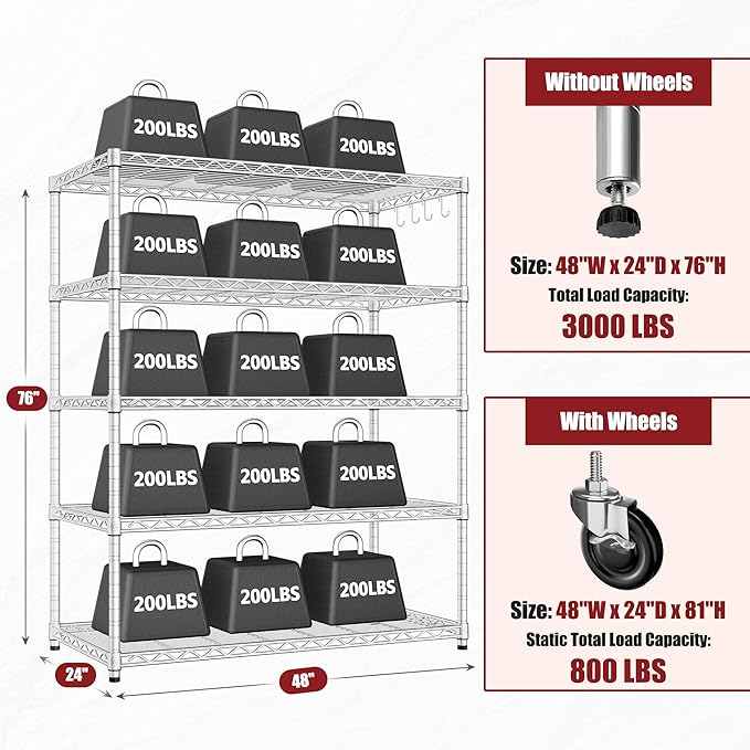 PrimeZone 5 Tier 48" Wx24''Dx81''H Wire Shelving with Wheels 3000lbs NSF Certified Storage Shelves Heavy Duty Metal Shelf Adjustable Rolling Rack Commercial Garage Restaurant Warehouse Chrome 2Pack