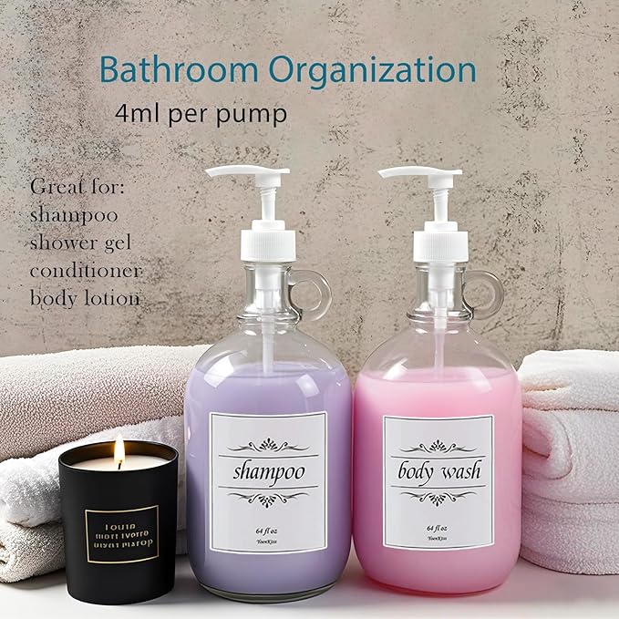 2 Pack Laundry Detergent Dispenser with Pump and Lid, 64 Oz Glass Bottles for Laundry Room Organization and Storage, Fabric Softener Dispenser for Washer