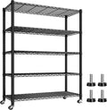 REIBII Storage Shelves Load 1980LBS,5 Tier Metal Shelving Unit with Wheels,Adjustable Garage Shelving Wire Shelves Commercial Shelf for Garage Pantry Kitchen,76''HX36''WX16''D Black