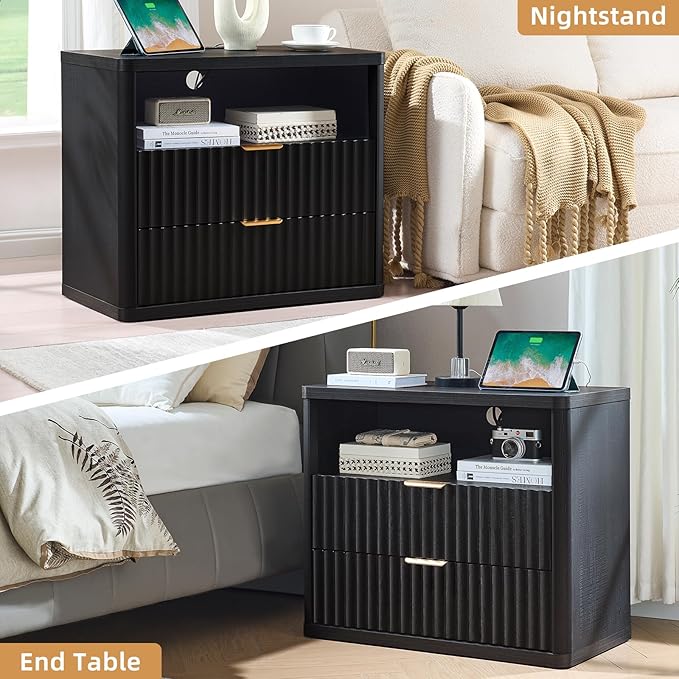 LEYAOYAO 31" Wide Fluted Night Stand Set of 2 with Charging Station, Oversized Extra Large 2 Drawers Nightstand,Black Wood Bedside Table,Tall End Tables,Modern Chest of Drawers Dressers for Bedroom